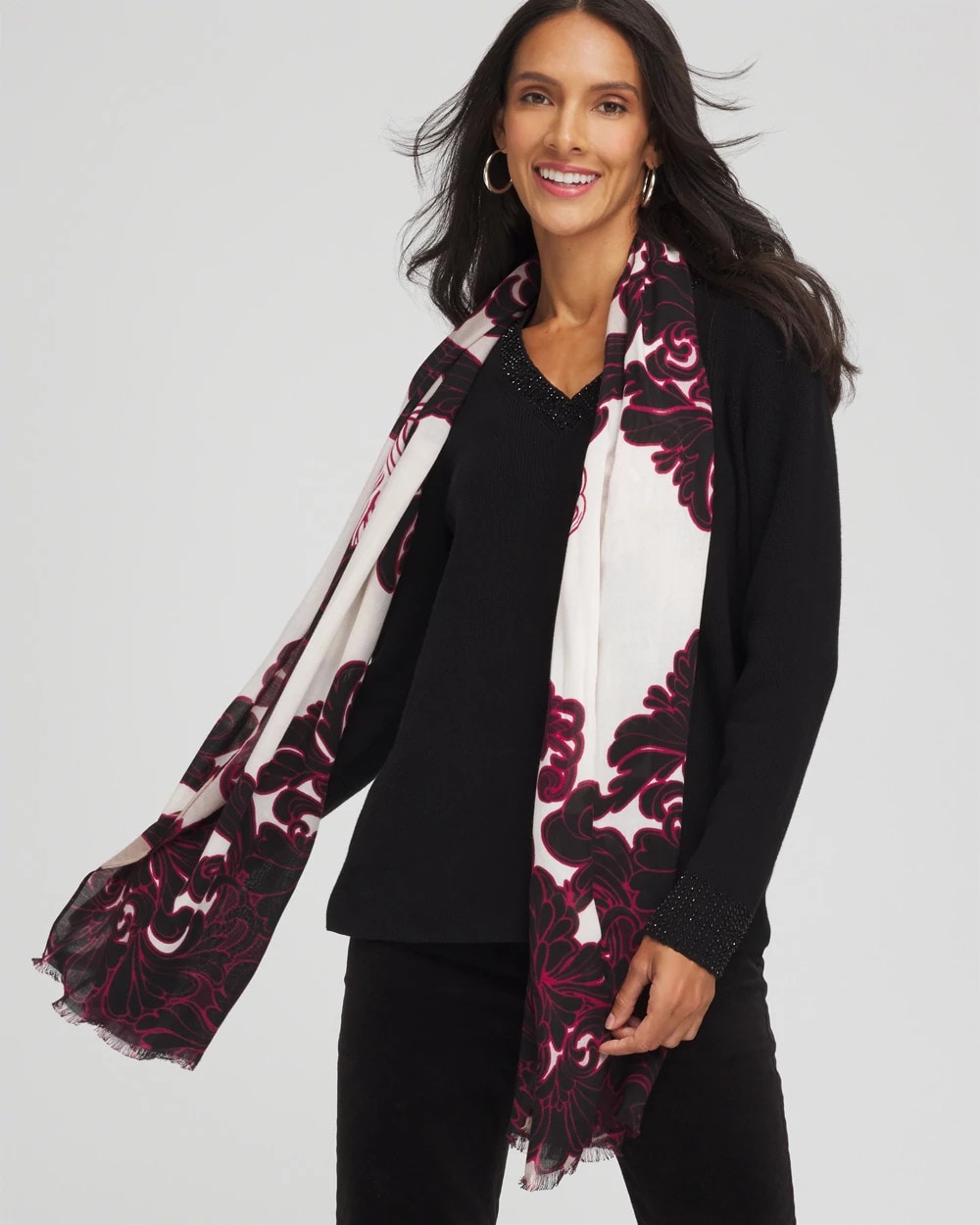 Chico's Maude Medallion Oblong Scarf BLACK
