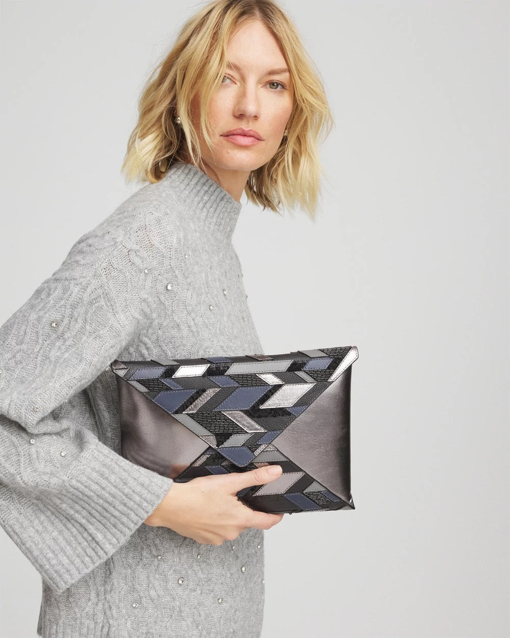 Chico's Embellished Envelope Clutch METALLIC