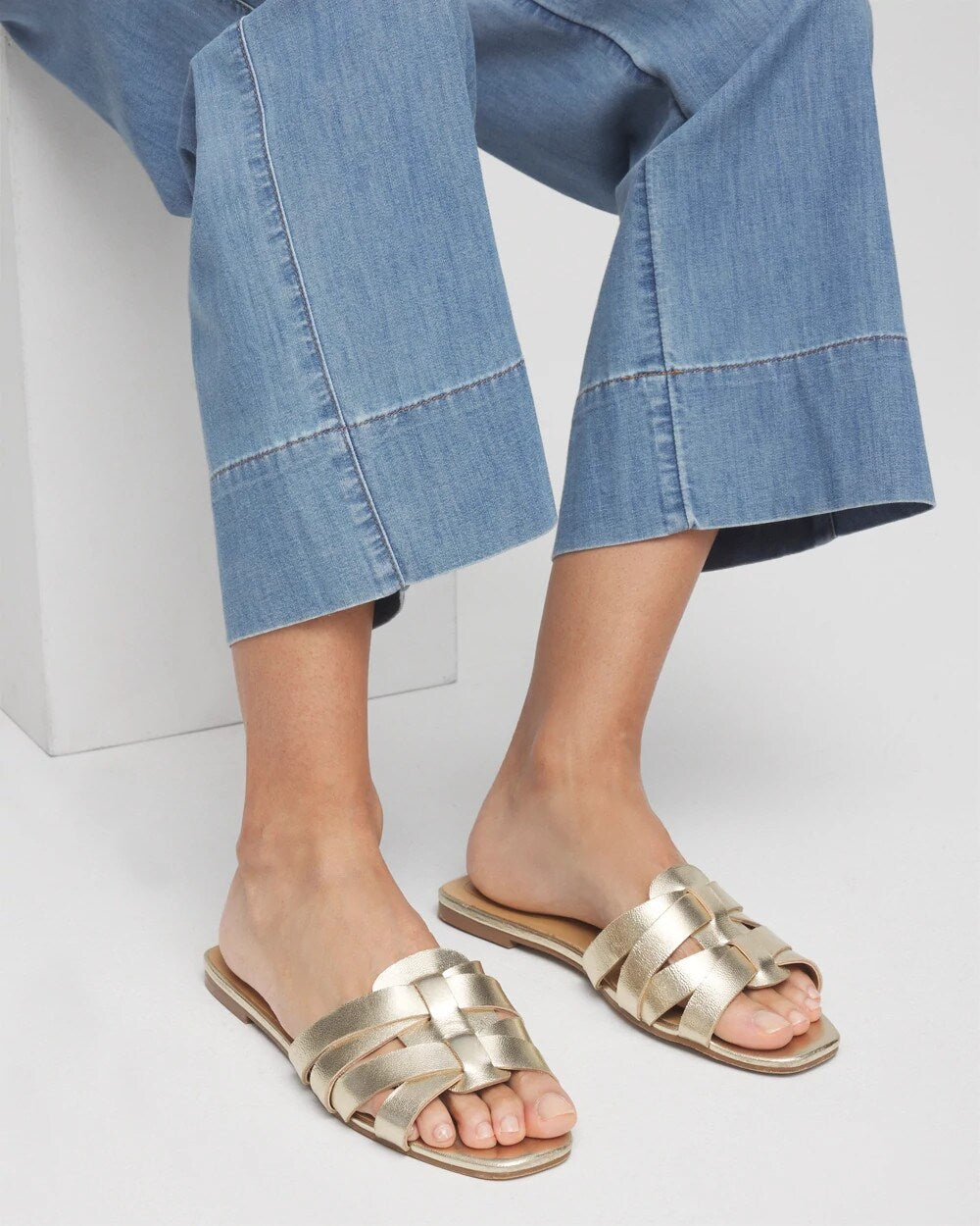 Chico's Leather Cassidy Cross-Strap Slide Shoes GOLD