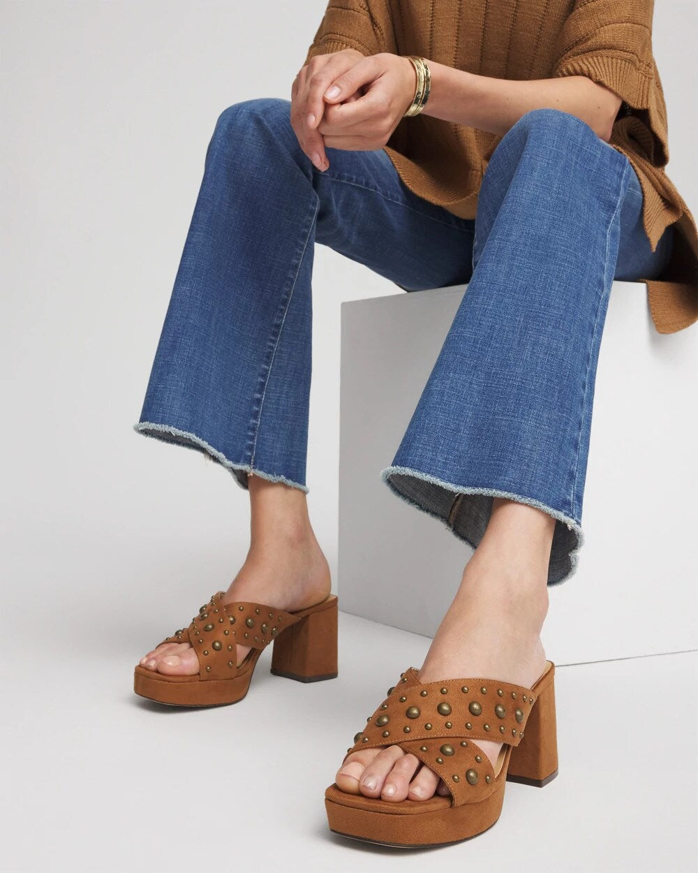 Chico's Vale Western Suede Block Heels COGNAC