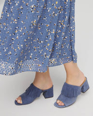 Chico's Blue Lotus Suede Fringe Block Heels BLUE LOTUS