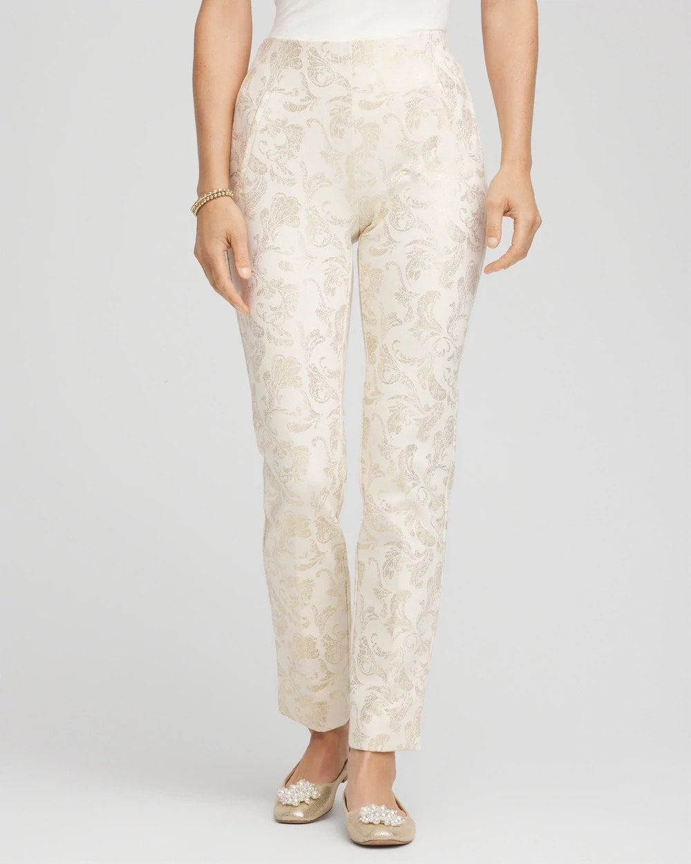 Chico's Petite Juliet Golden Foiled Slim Ankle Pants ENGLISH CREAM