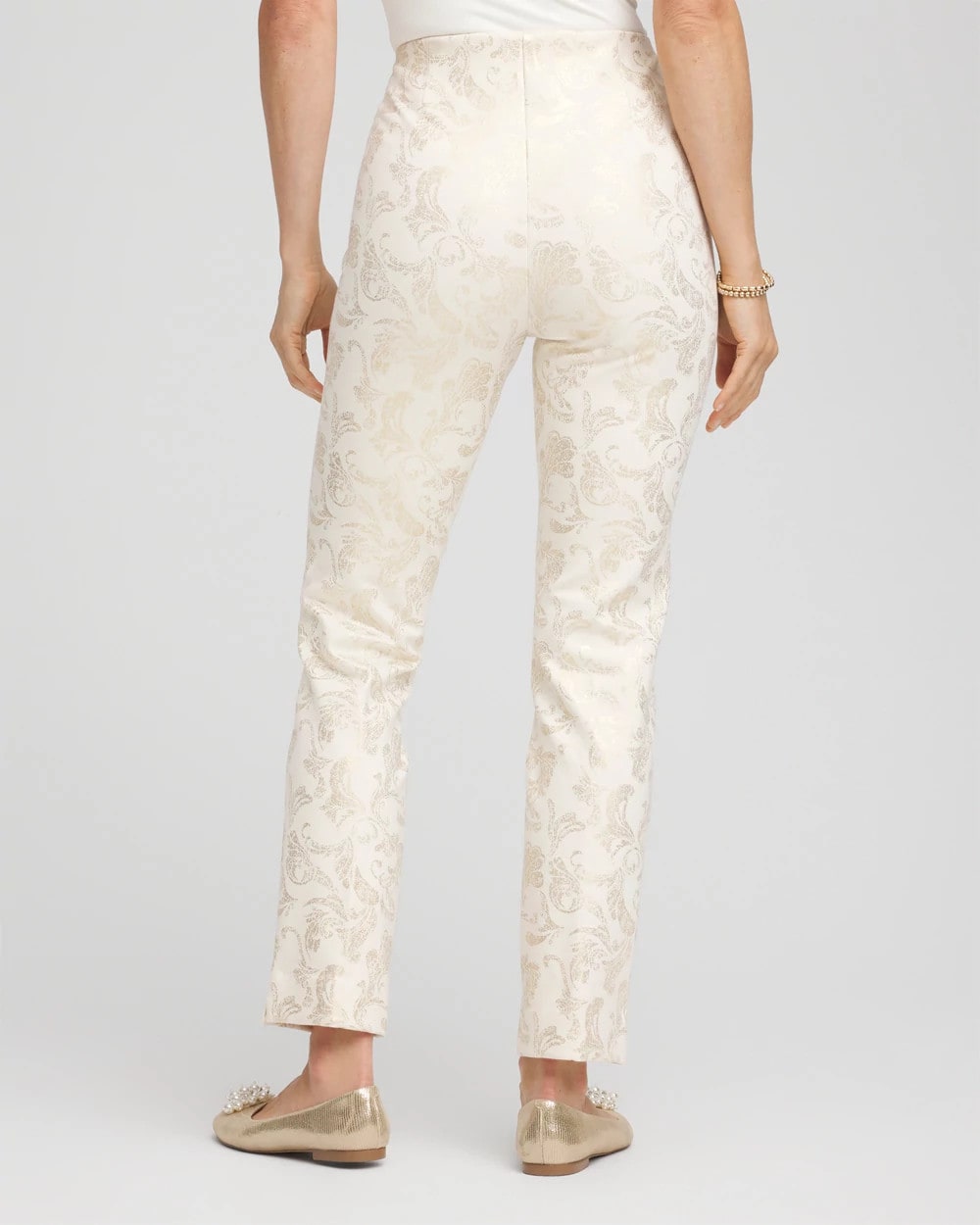 Chico's Petite Juliet Golden Foiled Slim Ankle Pants ENGLISH CREAM