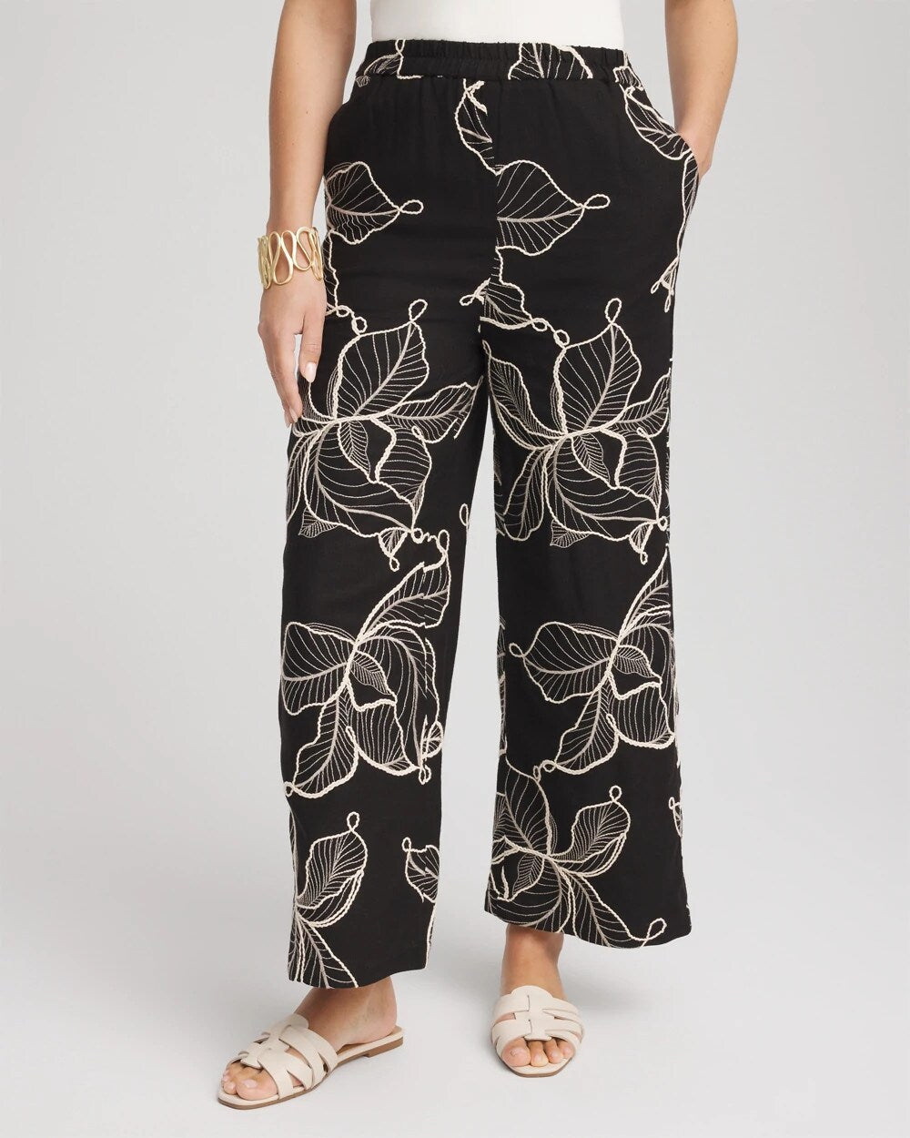 Chico's Petite Embroidered Wide-Leg Cropped Pants BLACK