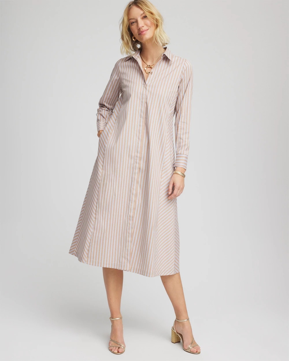 Chico's Petite Vanilla Chai Striped Shirtdress VANILLA CHAI