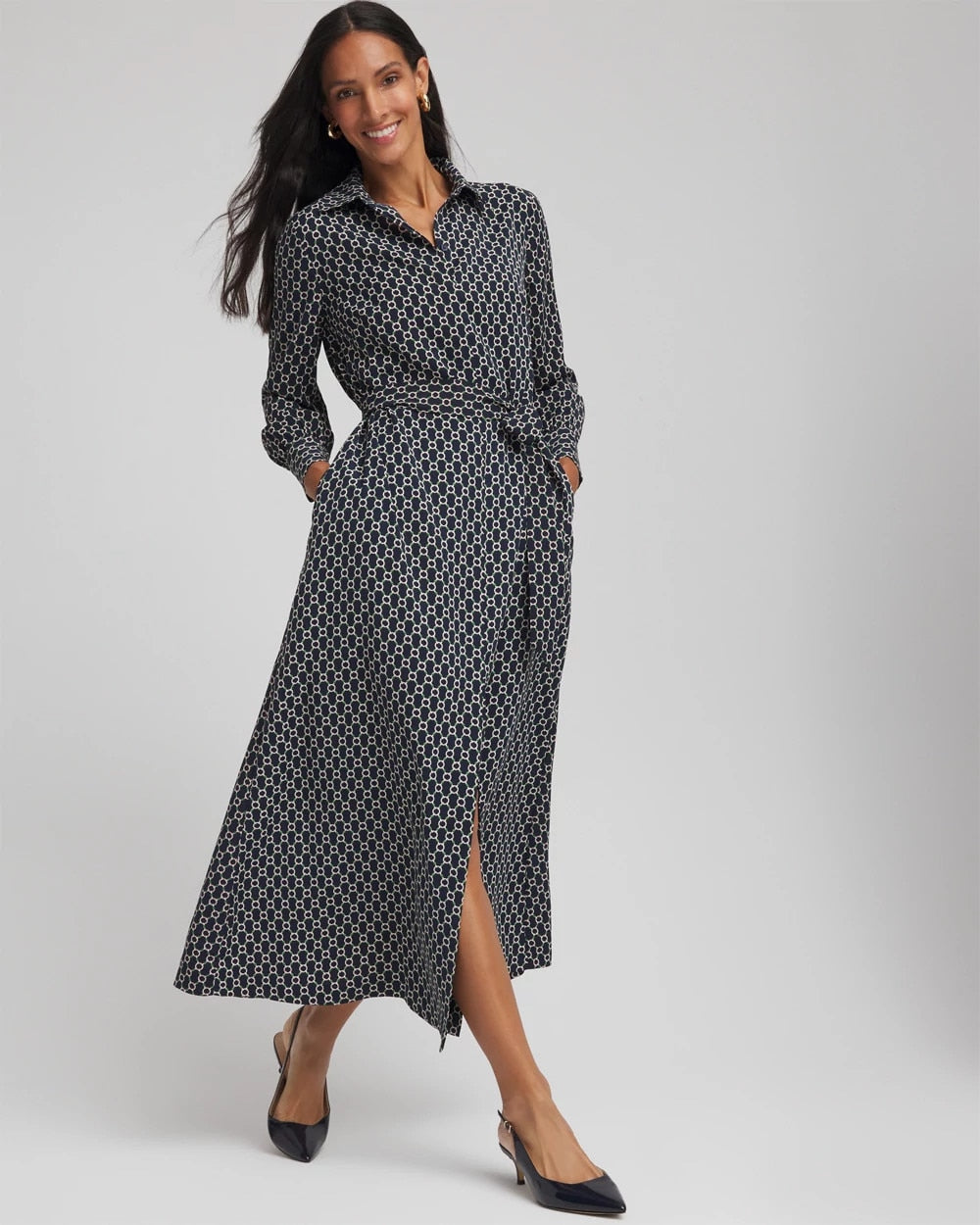 Chico's Petite Chain Print Maxi Shirtdress PASSPORT BLUE