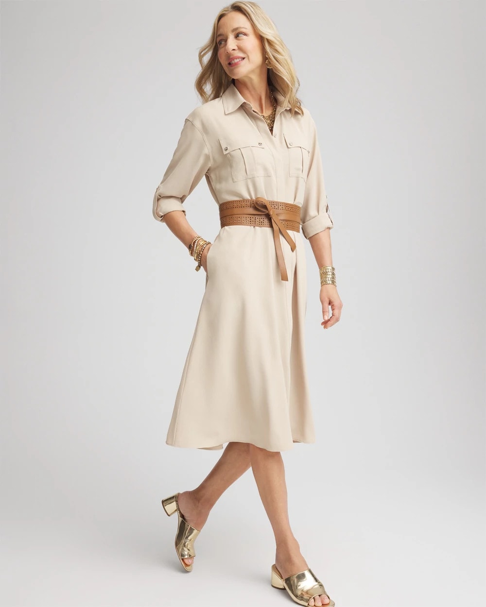 Chico's Twill Belted Midi Shirtdress WILD TRUFFLE