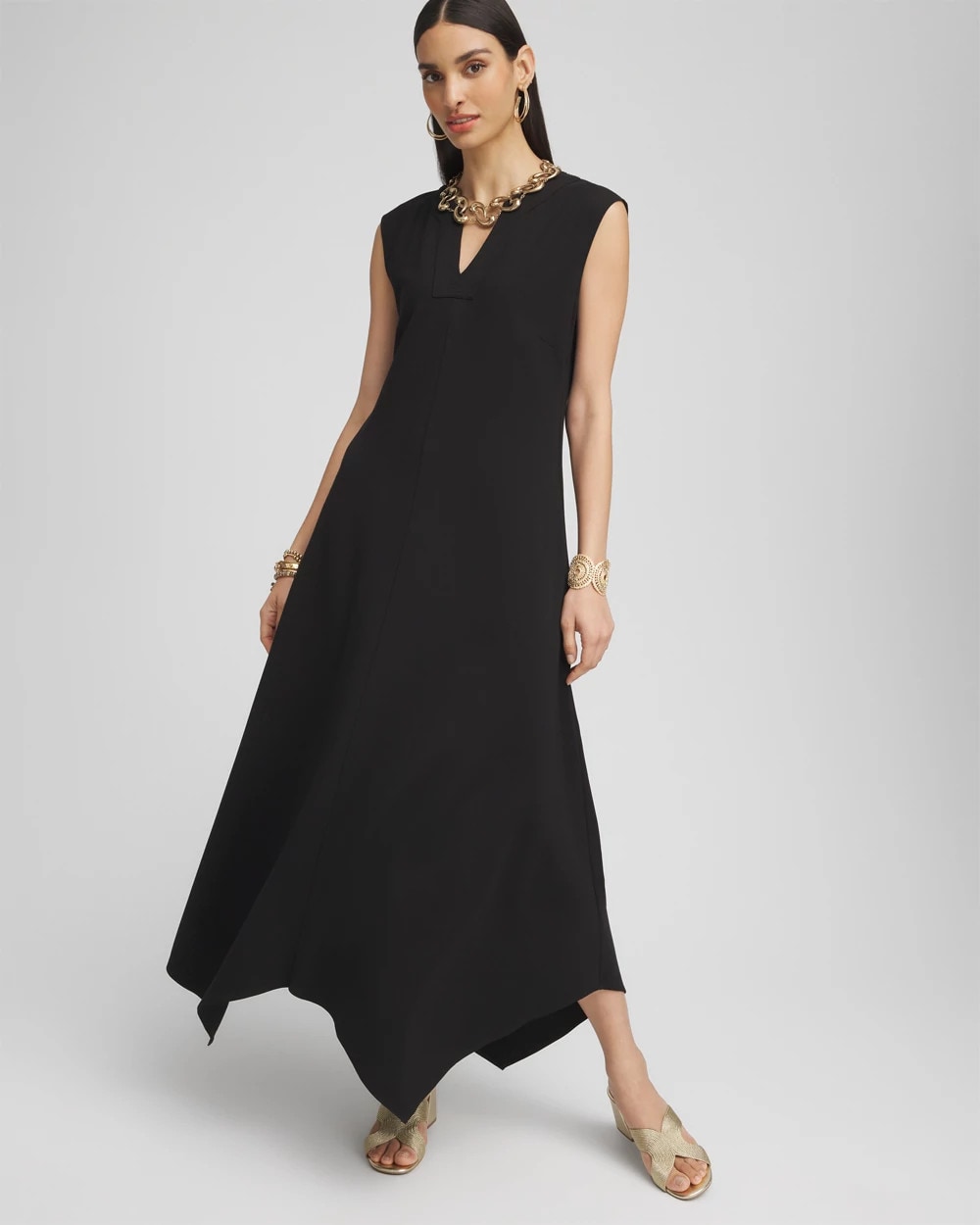 Chico's Petite Trapunto Placket Midi Dress BLACK