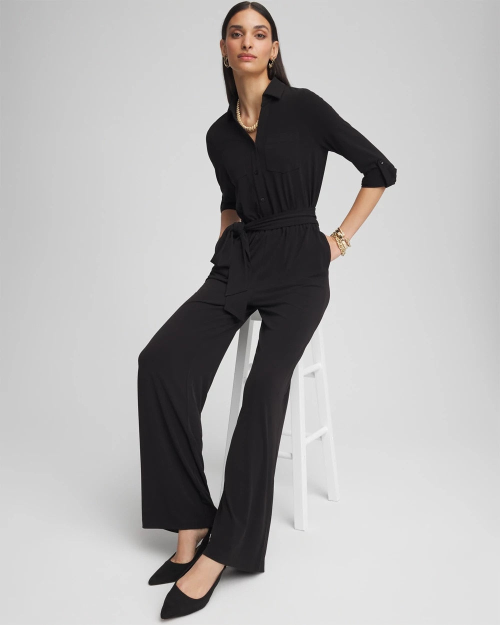 Chico's Petite Belted Jersey Maxi Jumpsuit BLACK