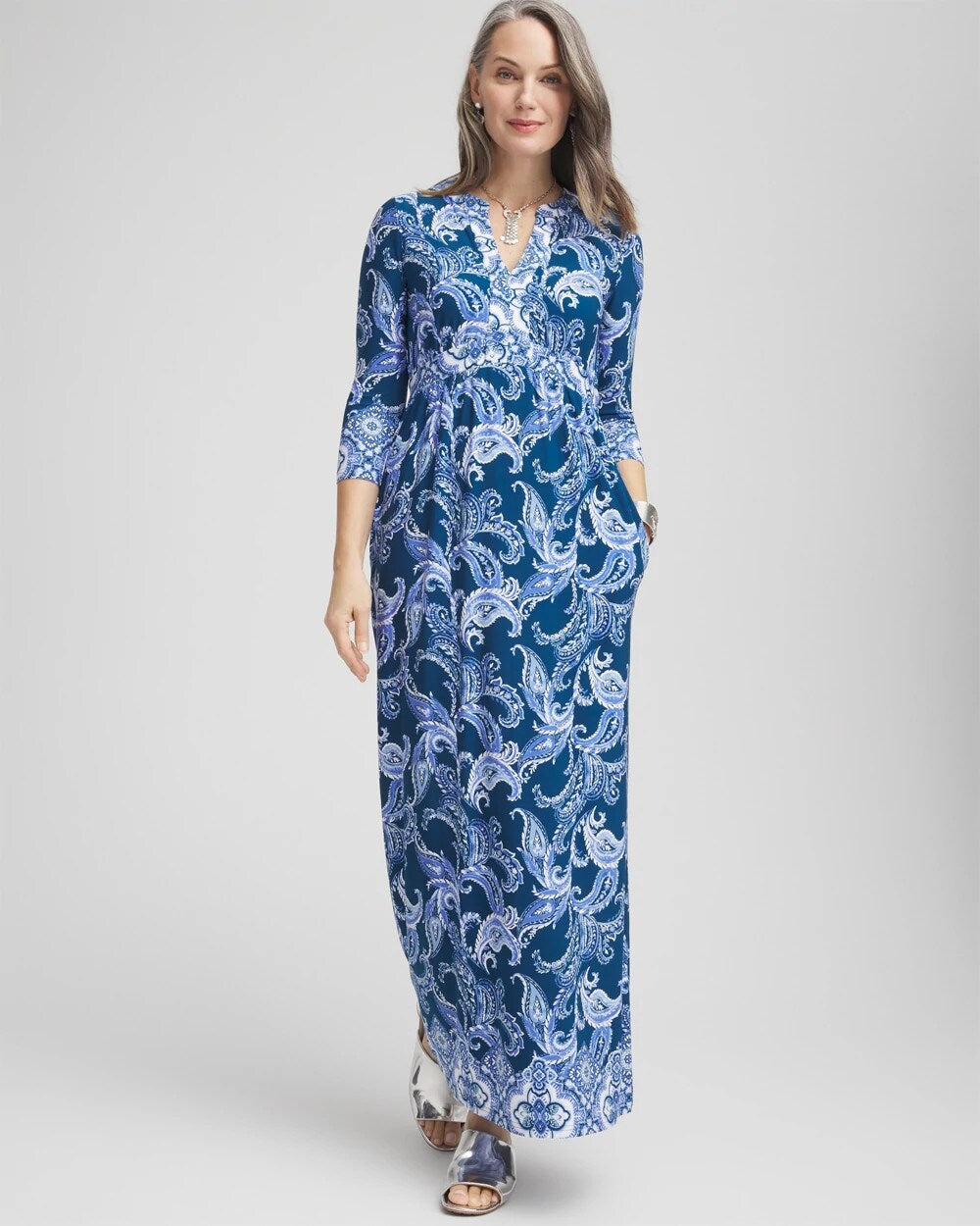 Chico's Petite Long Sleeved Jersey Maxi Dress SEAPORT