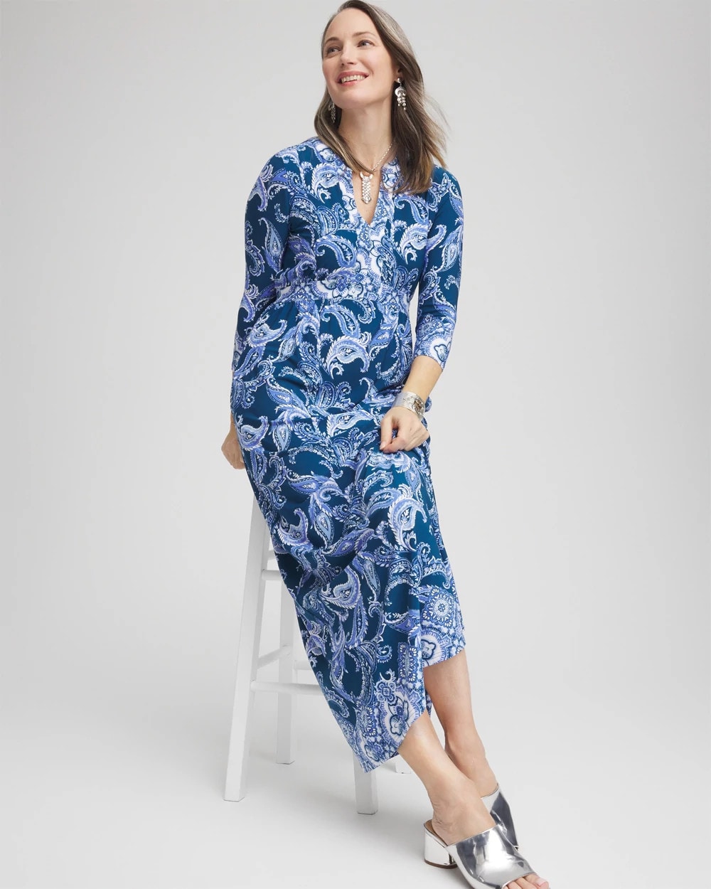 Chico's Petite Long Sleeved Jersey Maxi Dress SEAPORT