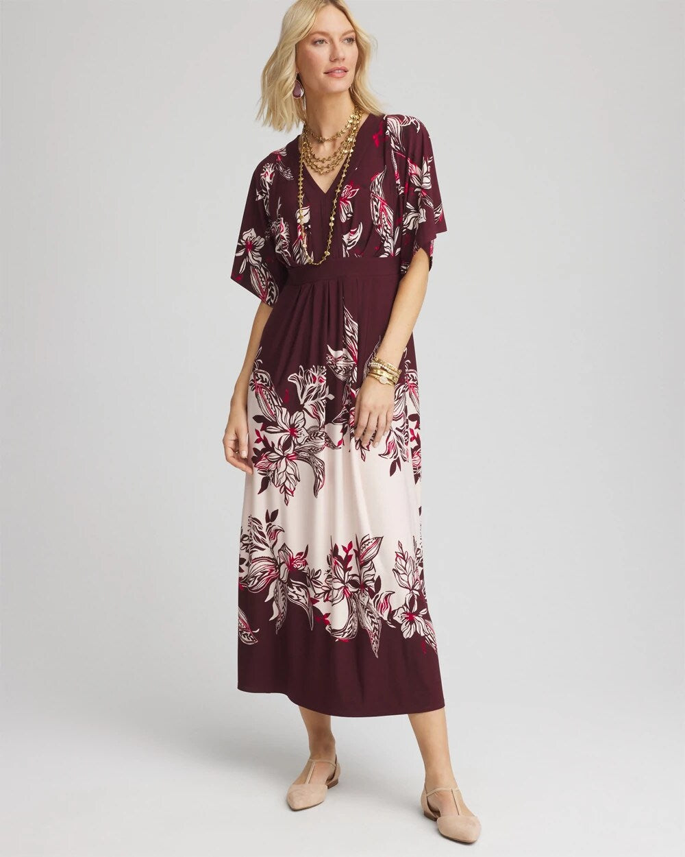 Chico's Petite Floral Flutter-Sleeve Maxi Dress BLACK