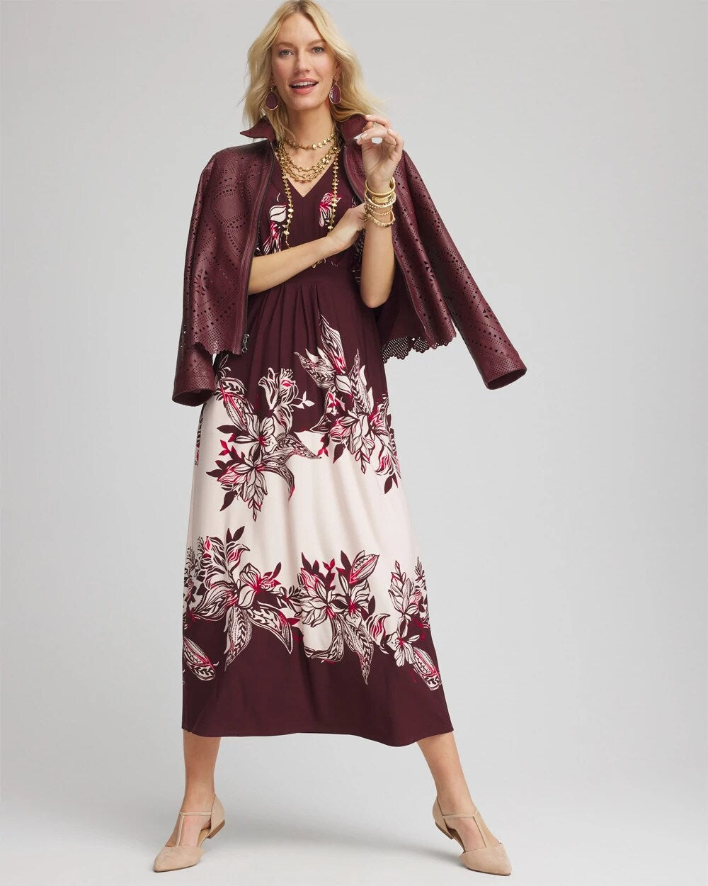 Chico's Petite Floral Flutter-Sleeve Maxi Dress BLACK
