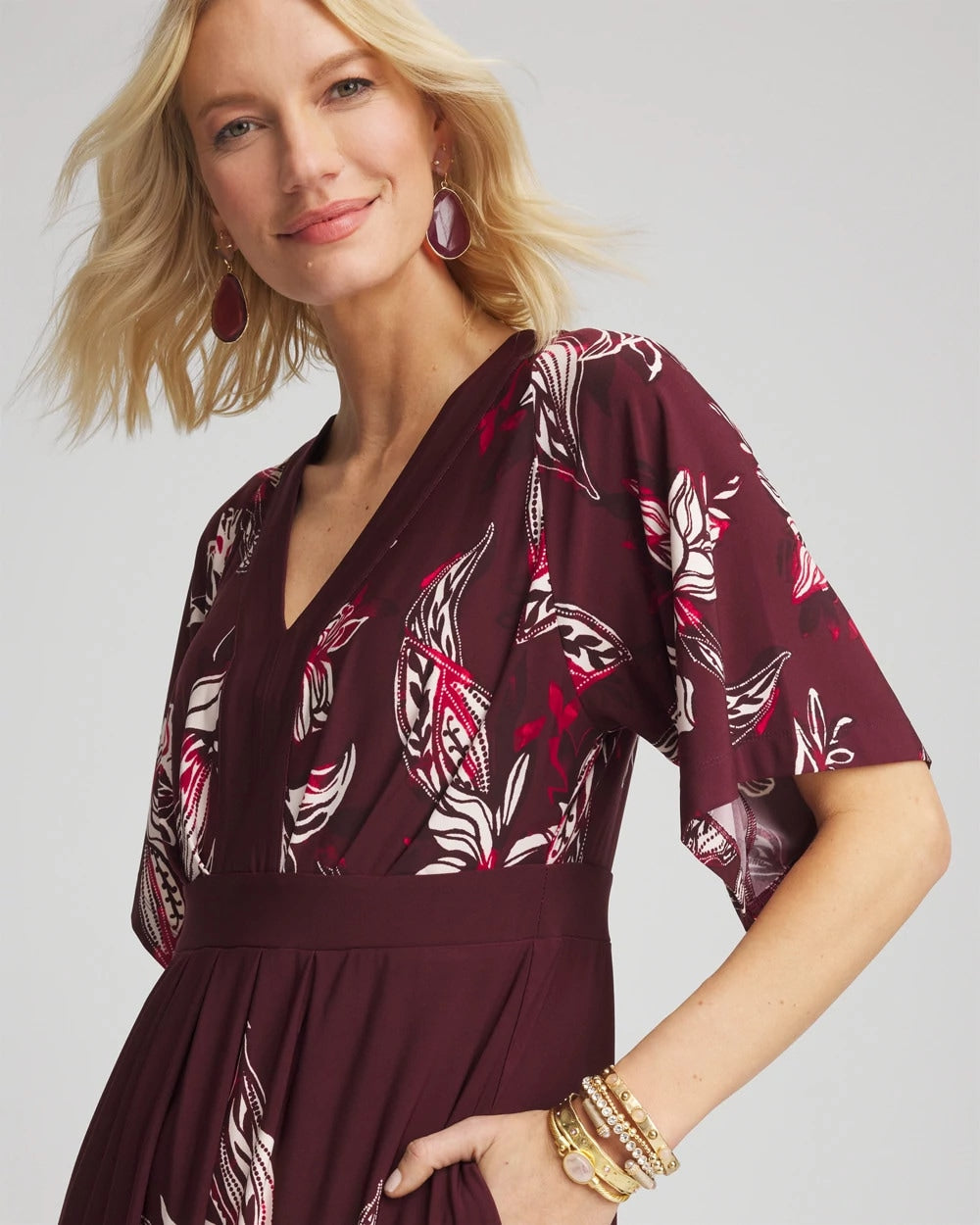 Chico's Petite Floral Flutter-Sleeve Maxi Dress BLACK