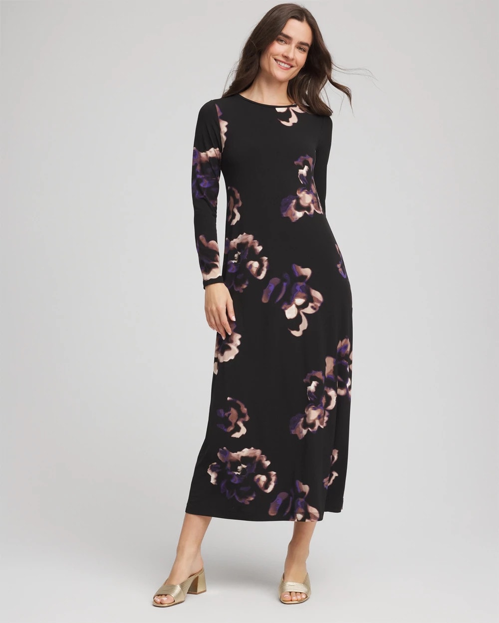 Chico's Petite Floral Boatneck Column Maxi Dress BLACK