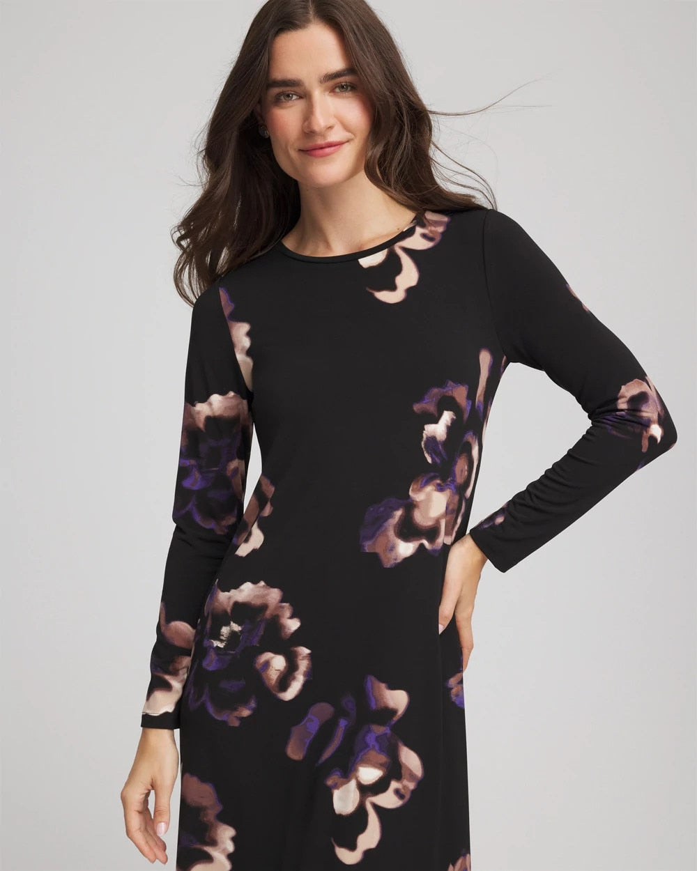 Chico's Petite Floral Boatneck Column Maxi Dress BLACK