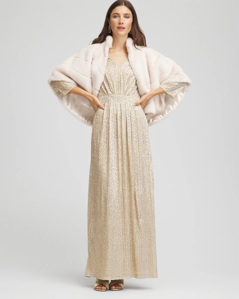 Chico's Petite Metallic Knit Pleated Maxi Dress GOLD