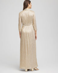 Chico's Petite Metallic Knit Pleated Maxi Dress GOLD