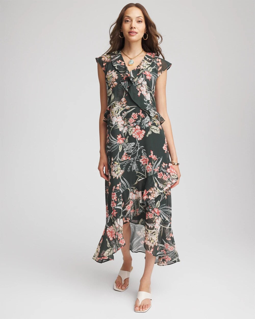 Chico's Petite Floral Ruffle-Trim Chiffon Dress DARKEST SPRUCE