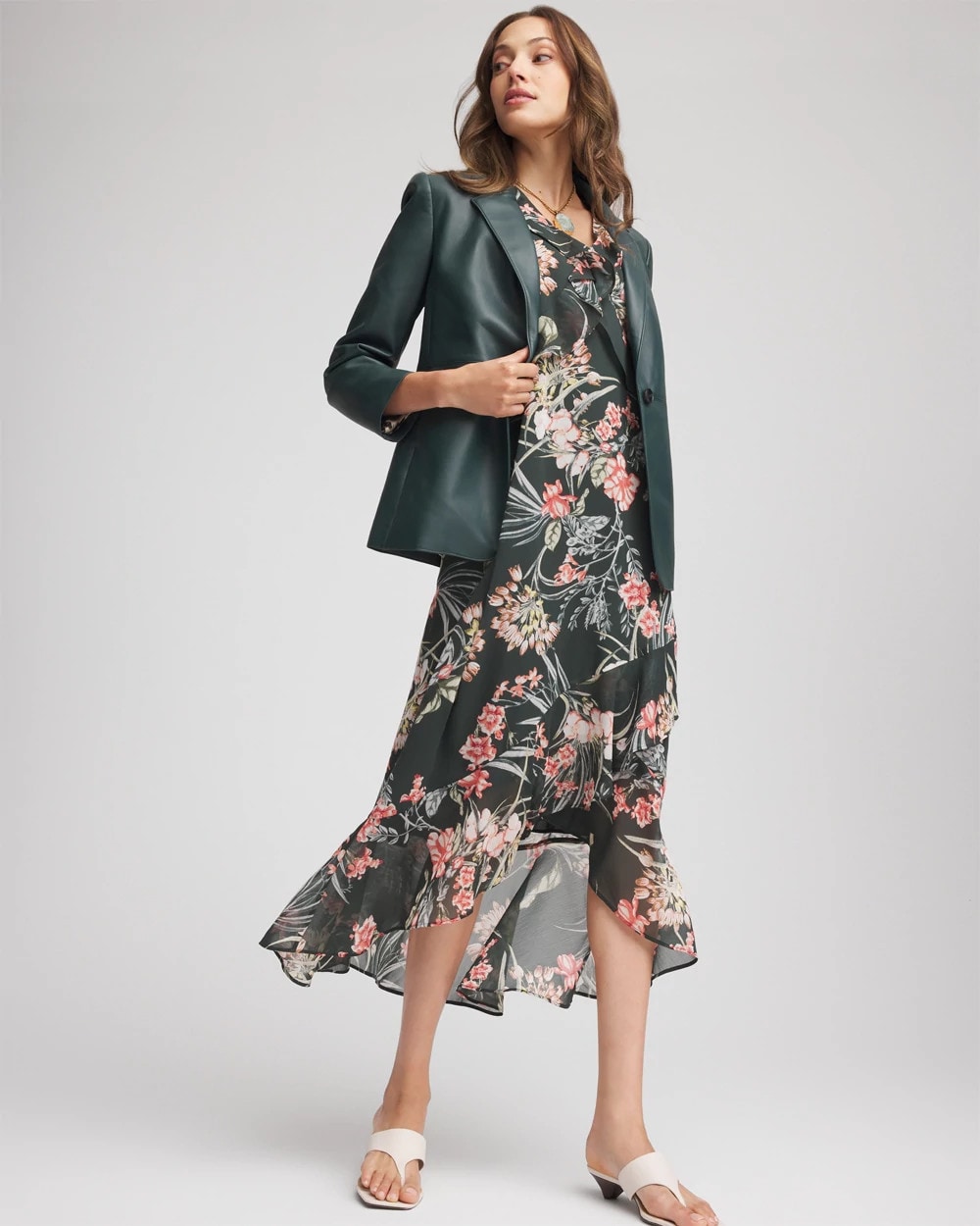 Chico's Petite Floral Ruffle-Trim Chiffon Dress DARKEST SPRUCE