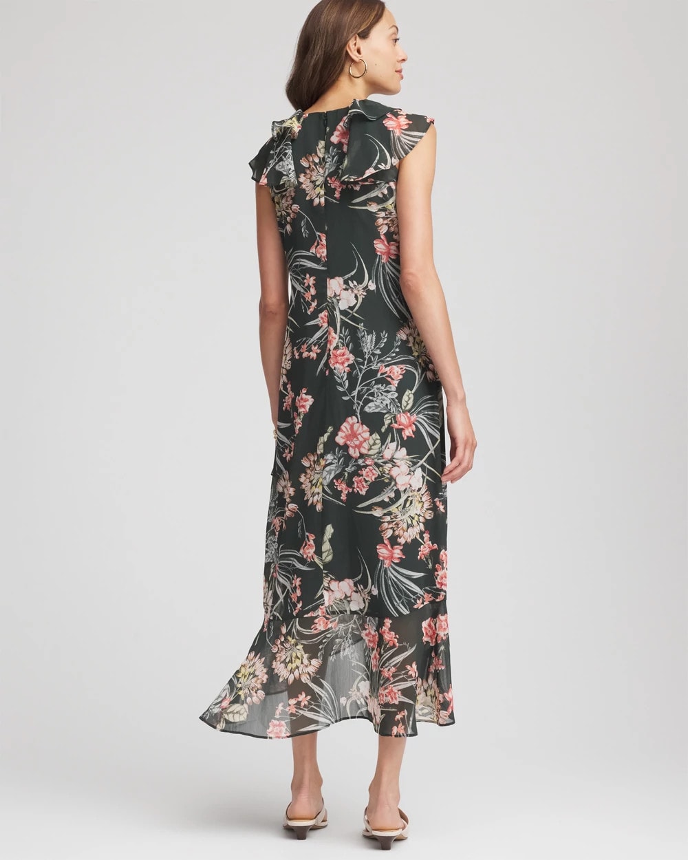 Chico's Petite Floral Ruffle-Trim Chiffon Dress DARKEST SPRUCE