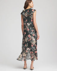Chico's Petite Floral Ruffle-Trim Chiffon Dress DARKEST SPRUCE