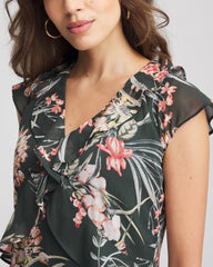 Chico's Petite Floral Ruffle-Trim Chiffon Dress DARKEST SPRUCE