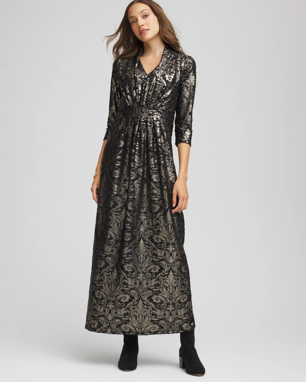 Chico's Petite Foiled Knit Pleated Maxi Dress BLACK
