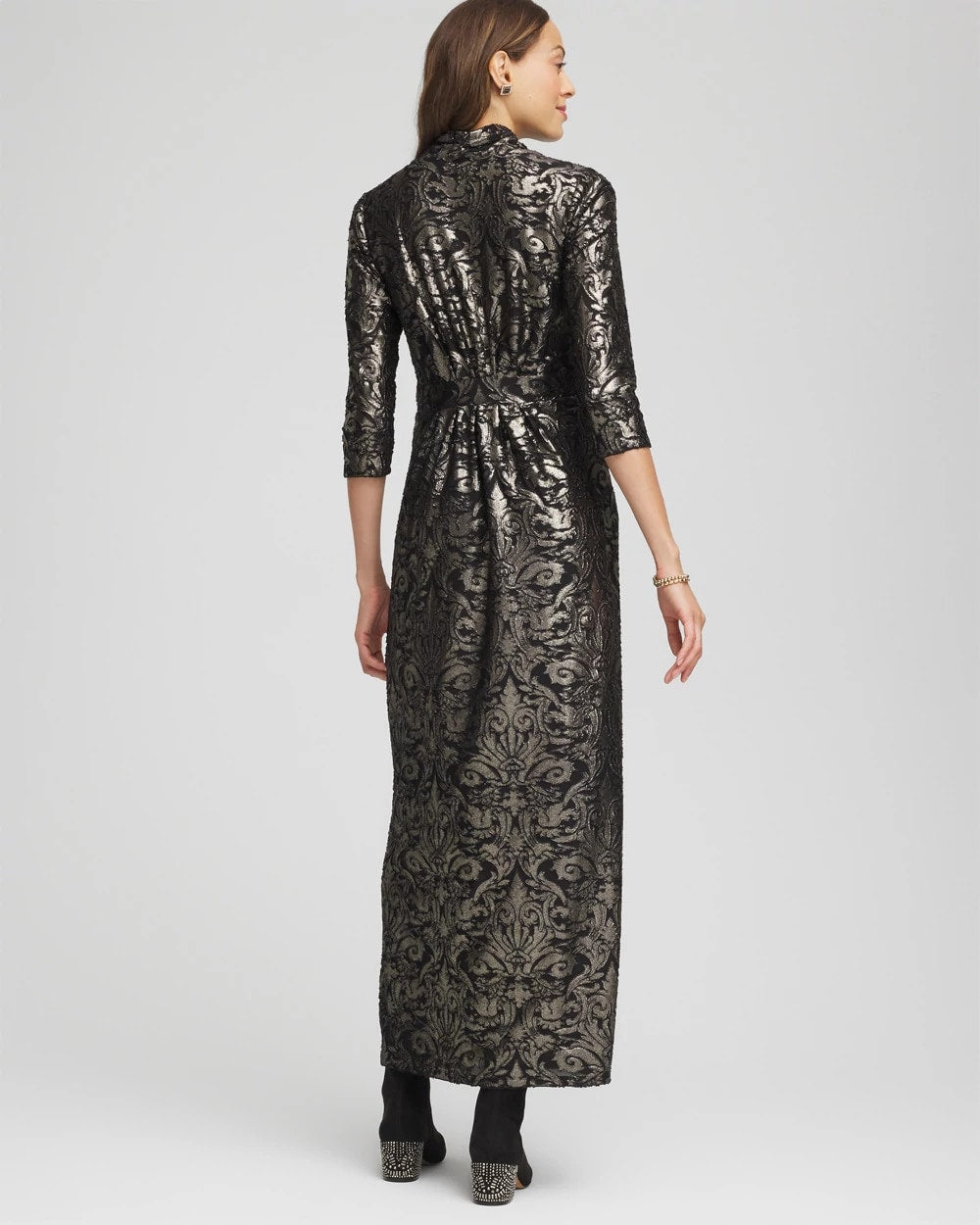 Chico's Petite Foiled Knit Pleated Maxi Dress BLACK