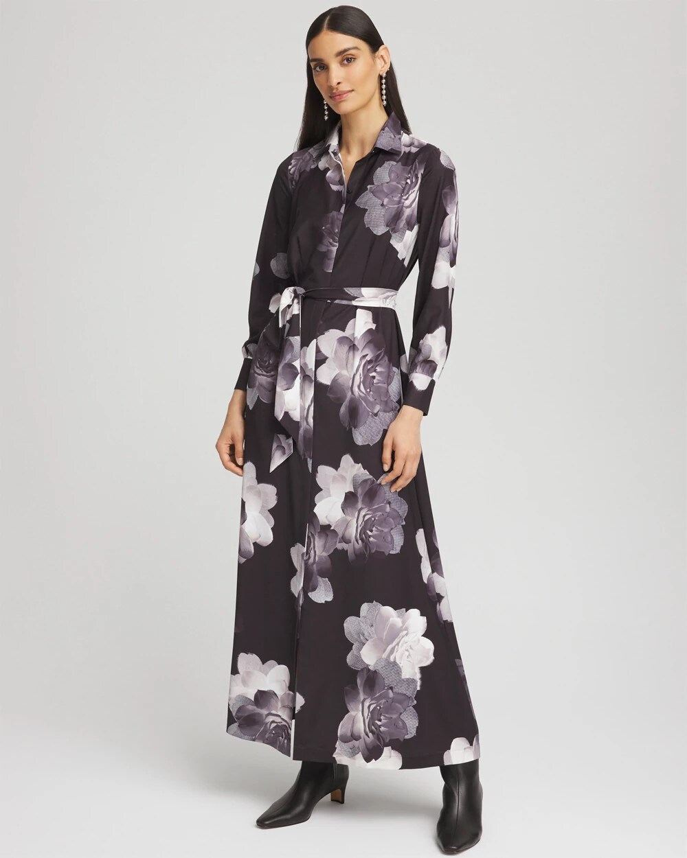 Chico's Petite Floral Print Maxi Shirt Dress BLACK