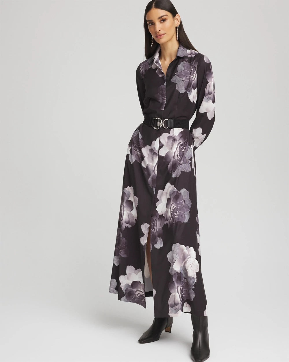 Chico's Petite Floral Print Maxi Shirt Dress BLACK