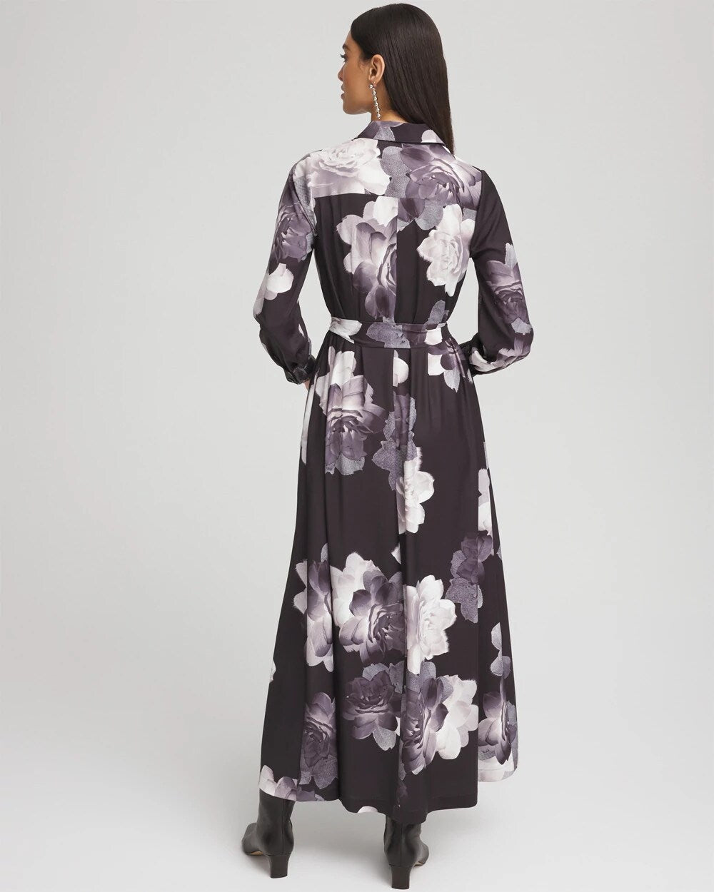 Chico's Petite Floral Print Maxi Shirt Dress BLACK