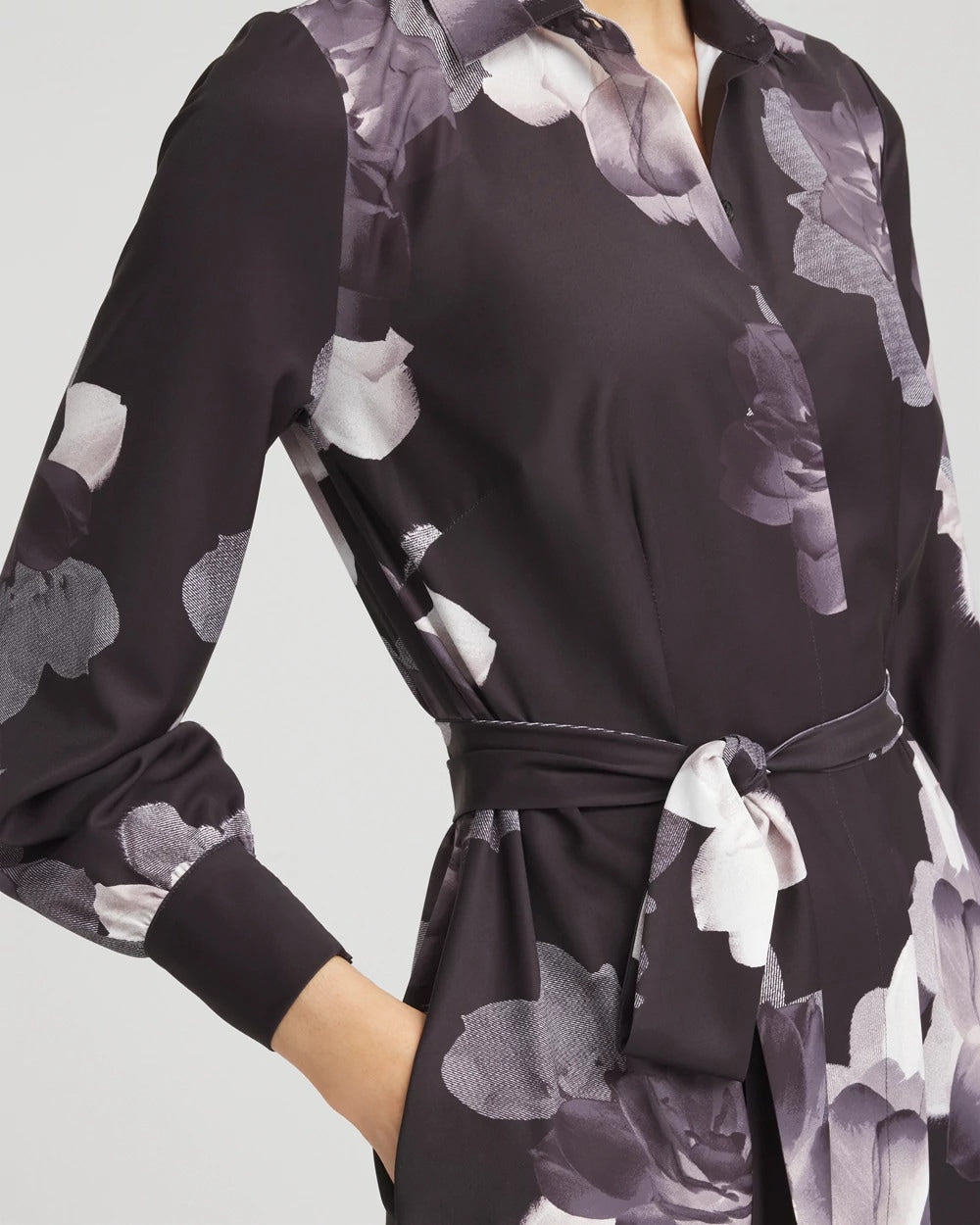 Chico's Petite Floral Print Maxi Shirt Dress BLACK