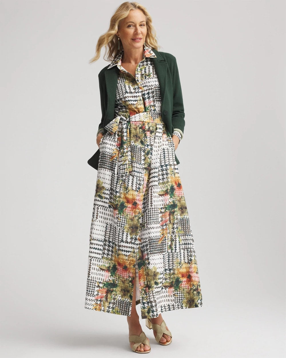 Chico's Petite Artisanal Floral Print Maxi Shirtdress ECRU