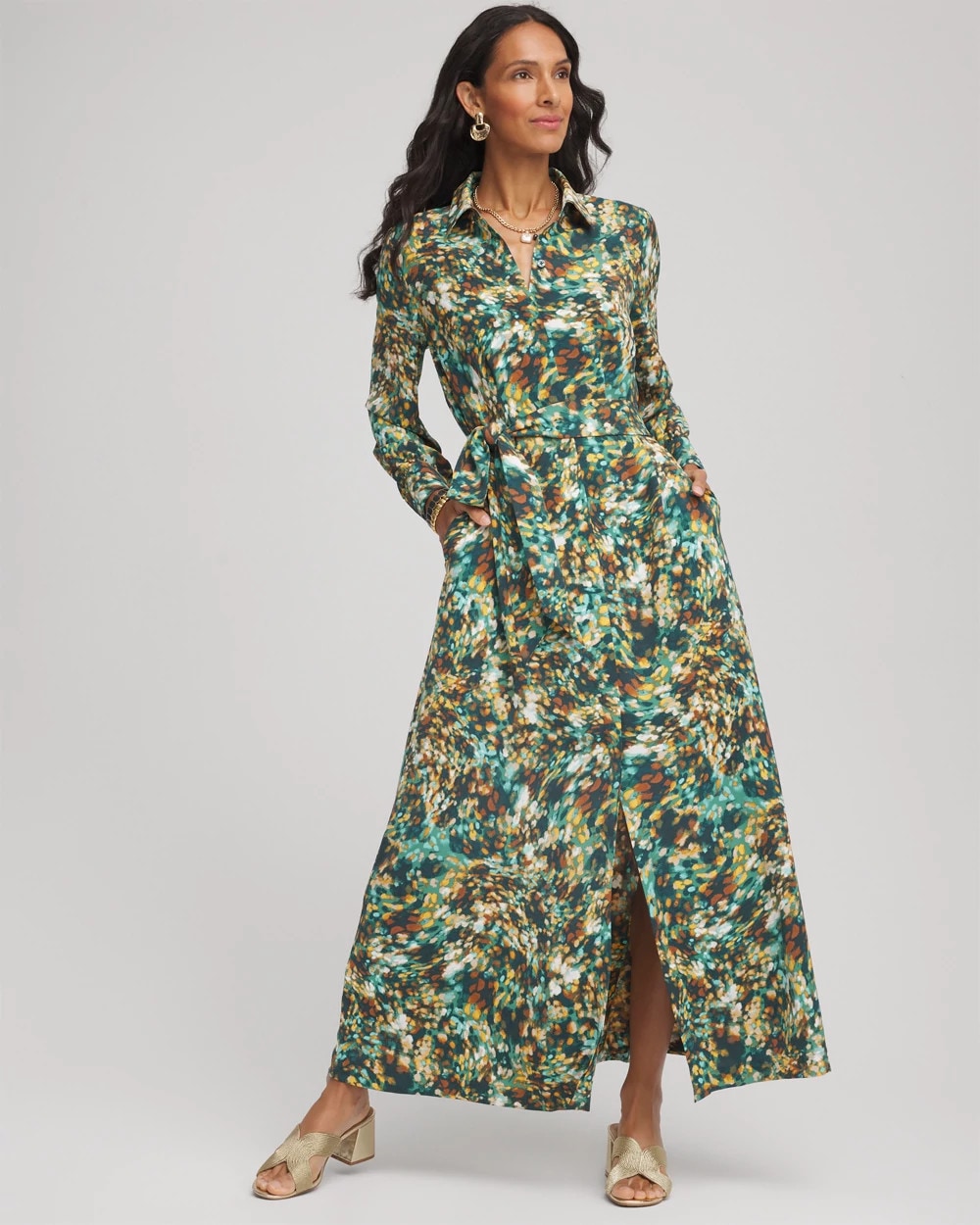 Chico's Petite Printed Long-Sleeved Shirtdress DARKEST SPRUCE