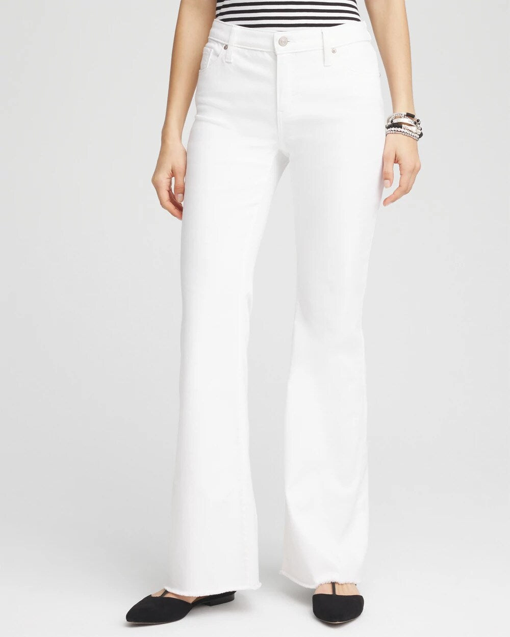 Chico's Petite Girlfriend No Stain Frayed Flared Jeans ALABASTER