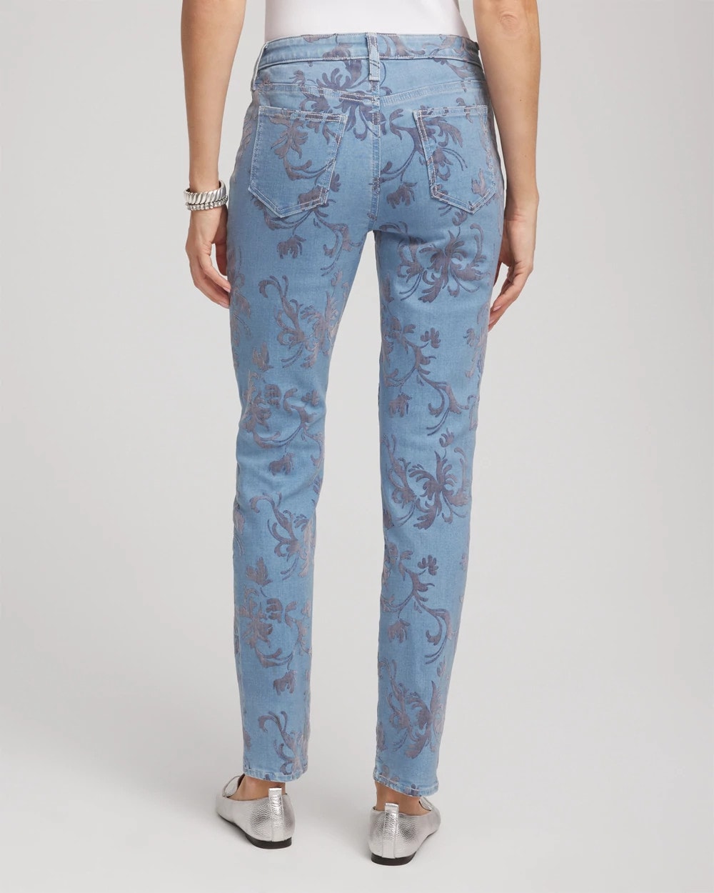 Chico's Petite Girlfriend Slim Ankle Flocked Jeans FINFLOW INDIGO