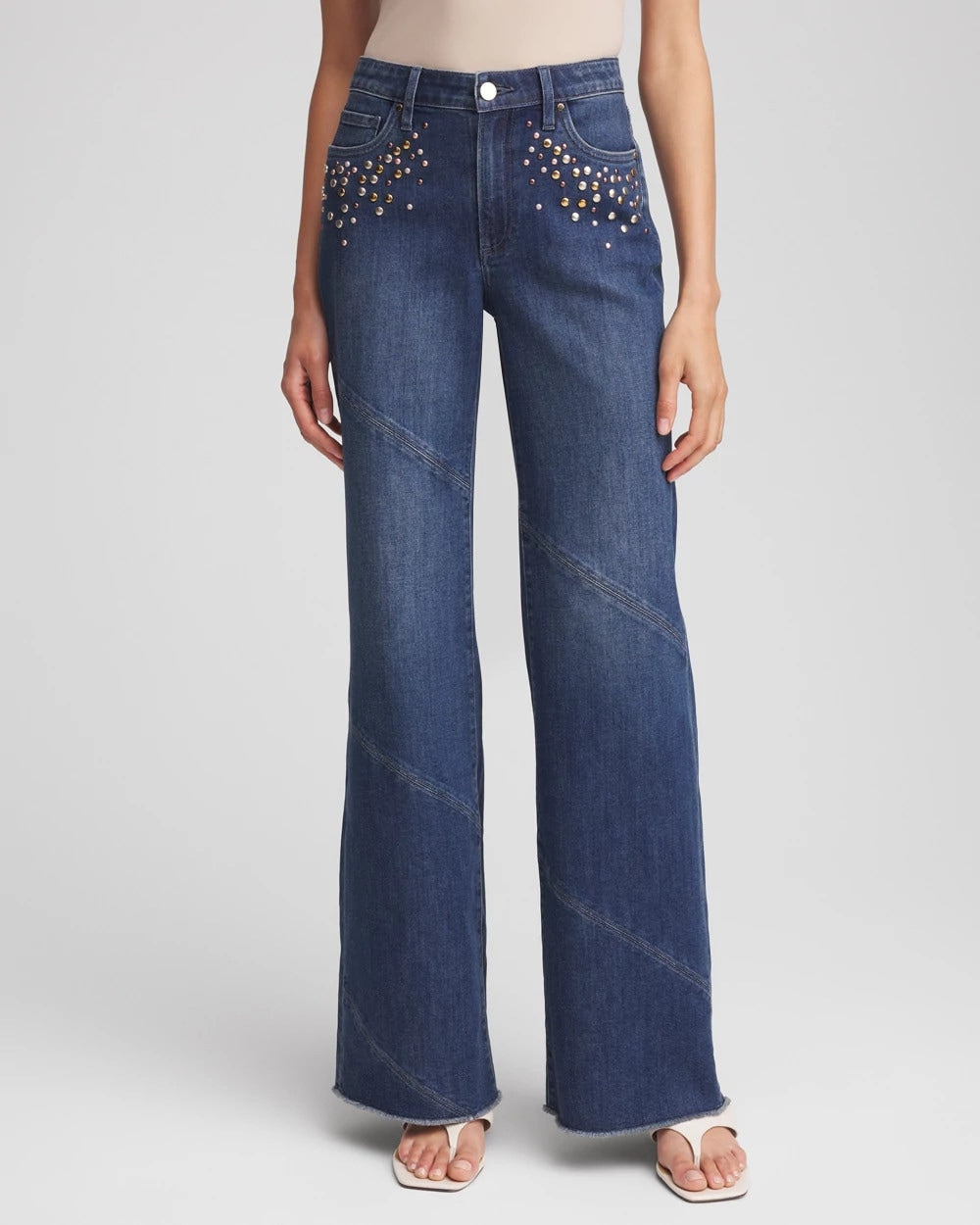 Chico's Petite Embellished Frayed Flared-Leg Jeans IRVINA INDIGO
