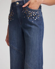 Chico's Petite Embellished Frayed Flared-Leg Jeans IRVINA INDIGO