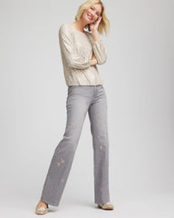 Chico's Petite Rose Gold Embroidered Girlfriend Flared Jeans LE HAVRE WASH