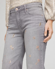 Chico's Petite Rose Gold Embroidered Girlfriend Flared Jeans LE HAVRE WASH
