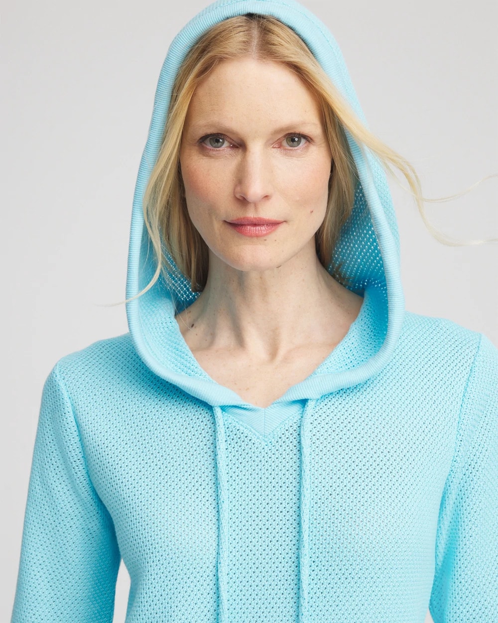 Chico's Zenergy® Crochet Knit Hooded Pullover Top PARADISO BLUE