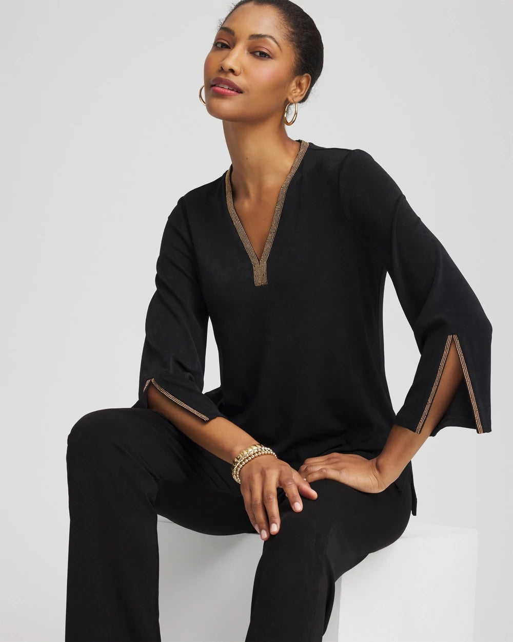 Chico's Travelers™ Embellished V-Neck Flutter Sleeve Tunic TRAVELERS BLACK
