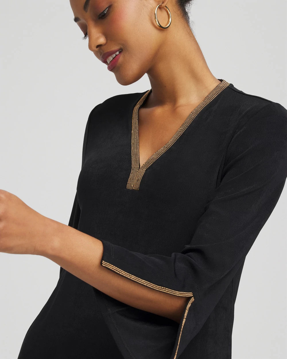Chico's Travelers™ Embellished V-Neck Flutter Sleeve Tunic TRAVELERS BLACK