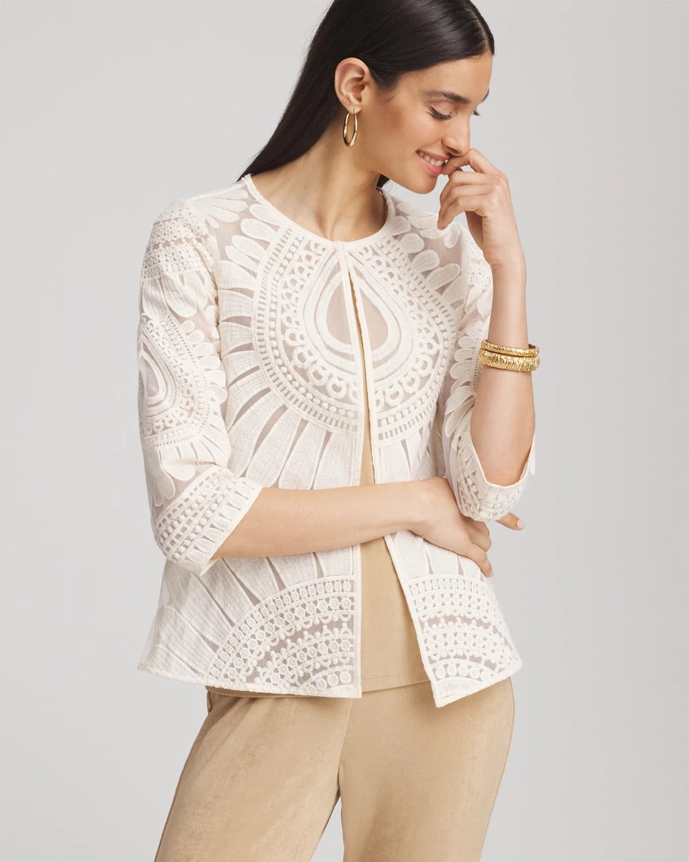 Chico's Travelers™ Collection Embroidered 3/4 Sleeve Jacket MODERN ECRU