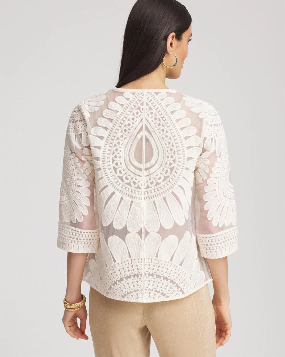 Chico's Travelers™ Collection Embroidered 3/4 Sleeve Jacket MODERN ECRU