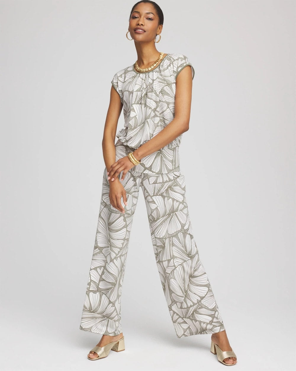 Chico's Travelers™ Abstract Leaf Print Knit Wide-Leg Pants DUSTY OLIVE
