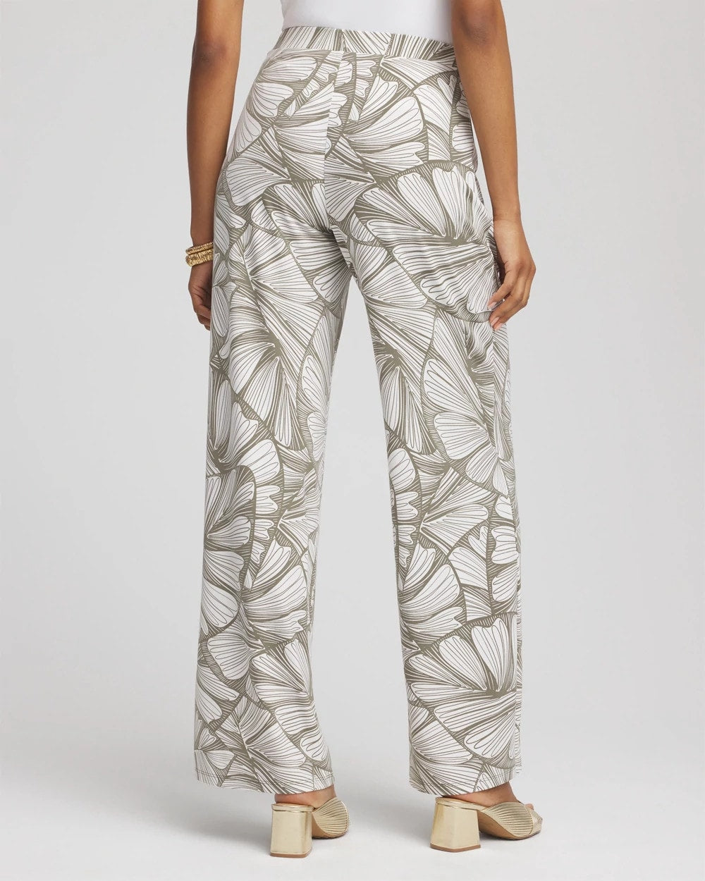 Chico's Travelers™ Abstract Leaf Print Knit Wide-Leg Pants DUSTY OLIVE