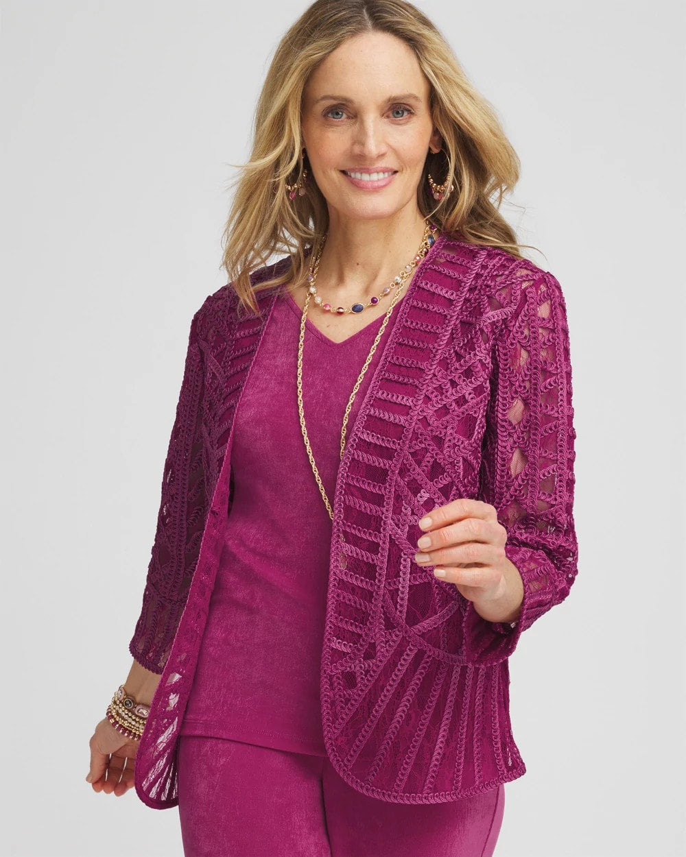 Chico's Travelers™ Collection Embroidered Lace Cutwork Jacket PURPLE CLOVER