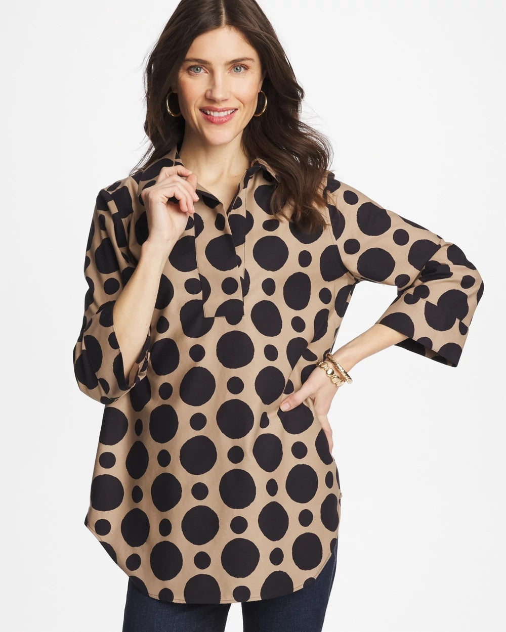 Chico's No Iron™ Stretch Global Dots Popover Tunic CATTAIL BROWN